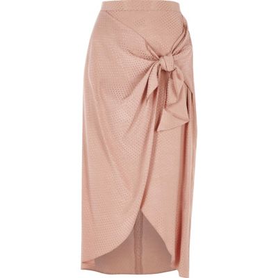 Light pink tie waist midi skirt